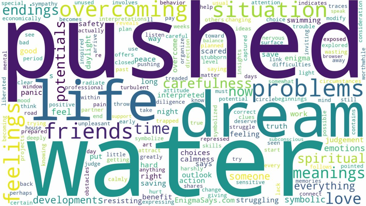 dreaming of being pushed into water and related dreams with their meanings in a word cloud