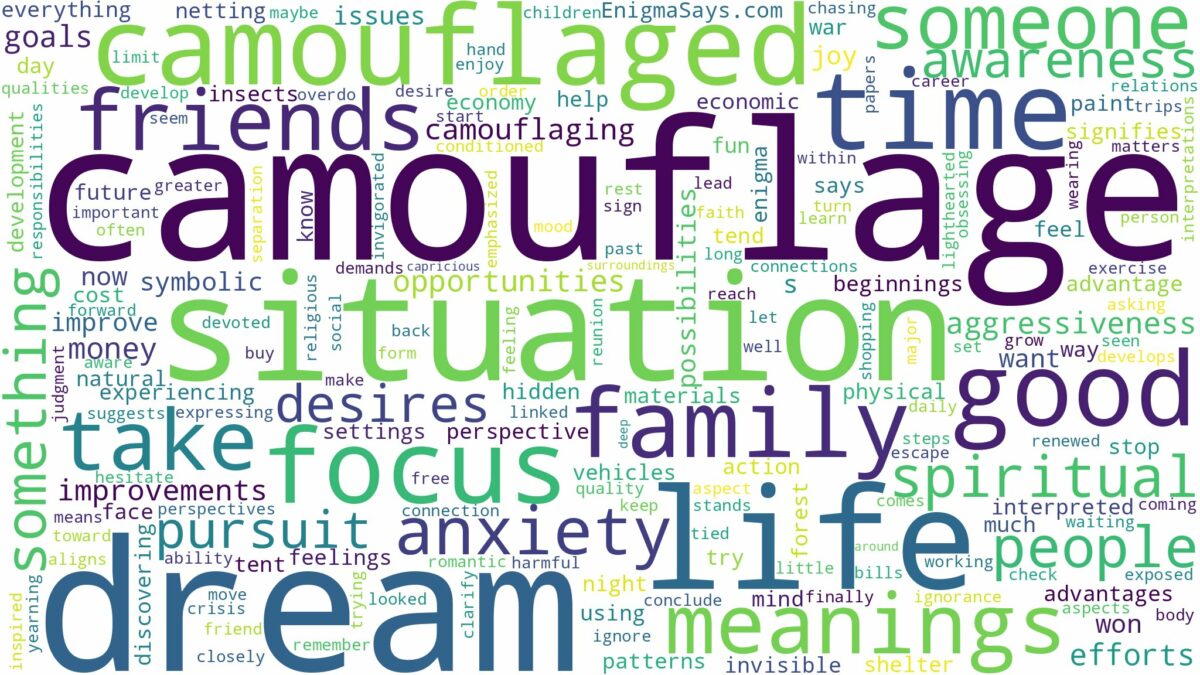 dream about camouflage and related dreams with their meanings in a word cloud