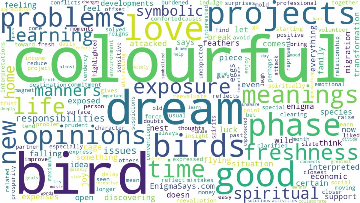 dream about colourful birds and related dreams with their meanings in a word cloud