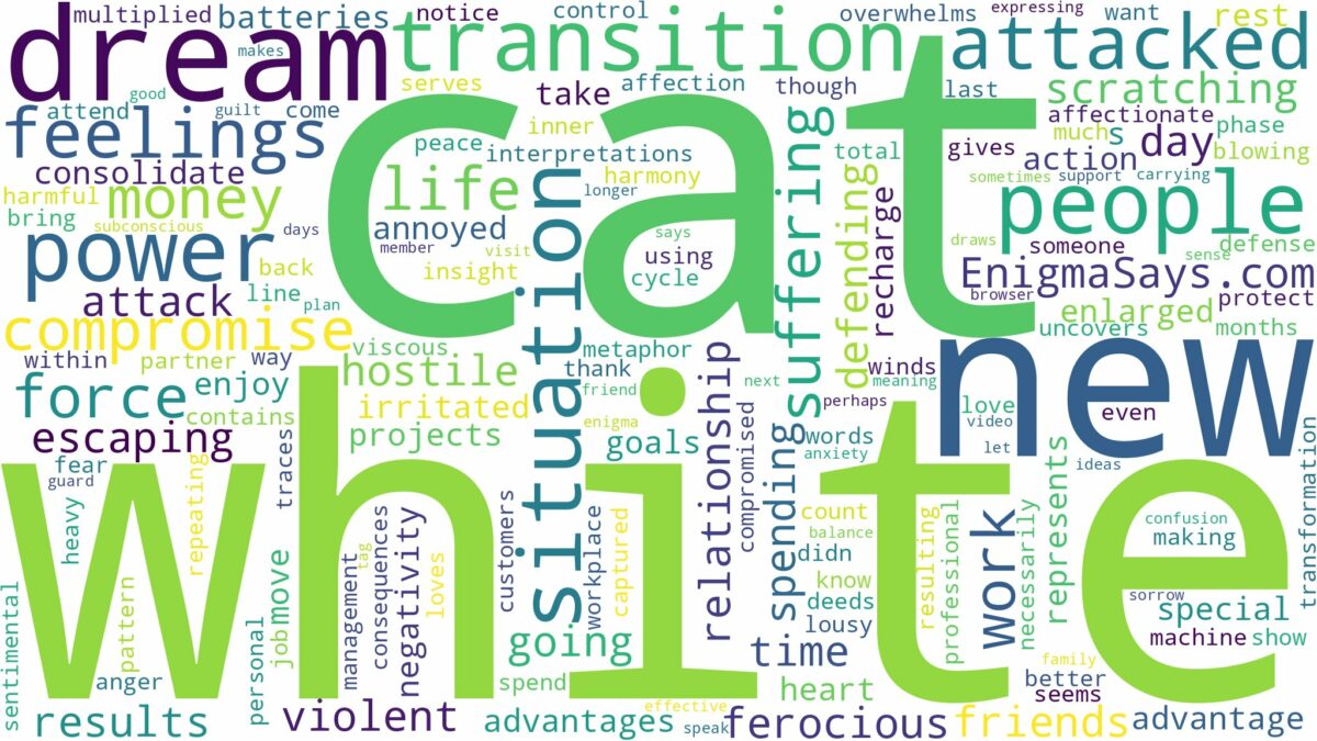 dreaming of being attacked by a white cat and related dreams with their meanings in a word cloud