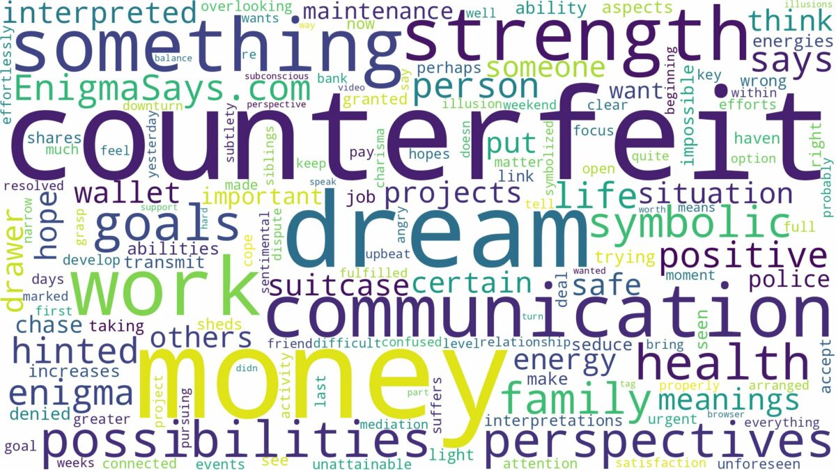 dream about counterfeit money and related dreams with their meanings in a word cloud