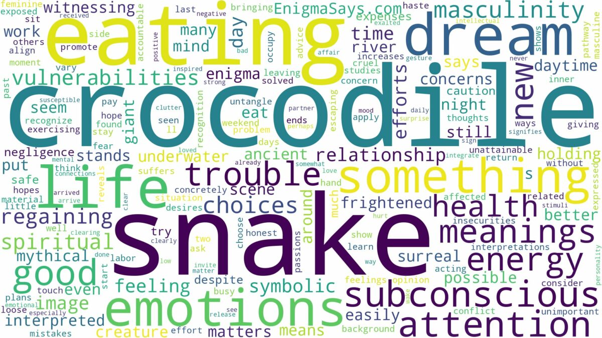 dreaming about crocodile eating snake and related dreams with their meanings in a word cloud