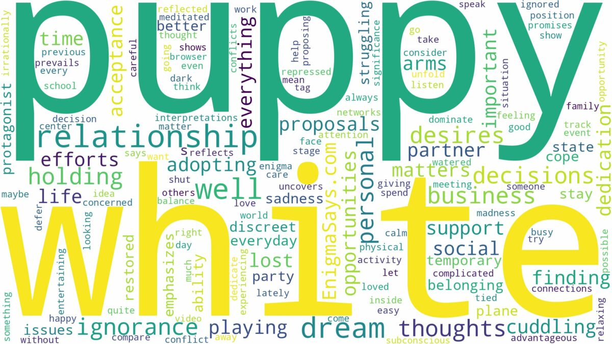 dreaming of holding a white puppy and related dreams with their meanings in a word cloud