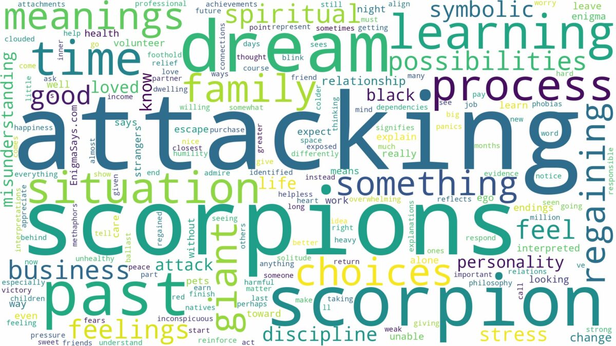 dreams about scorpions attacking and related dreams with their meanings in a word cloud