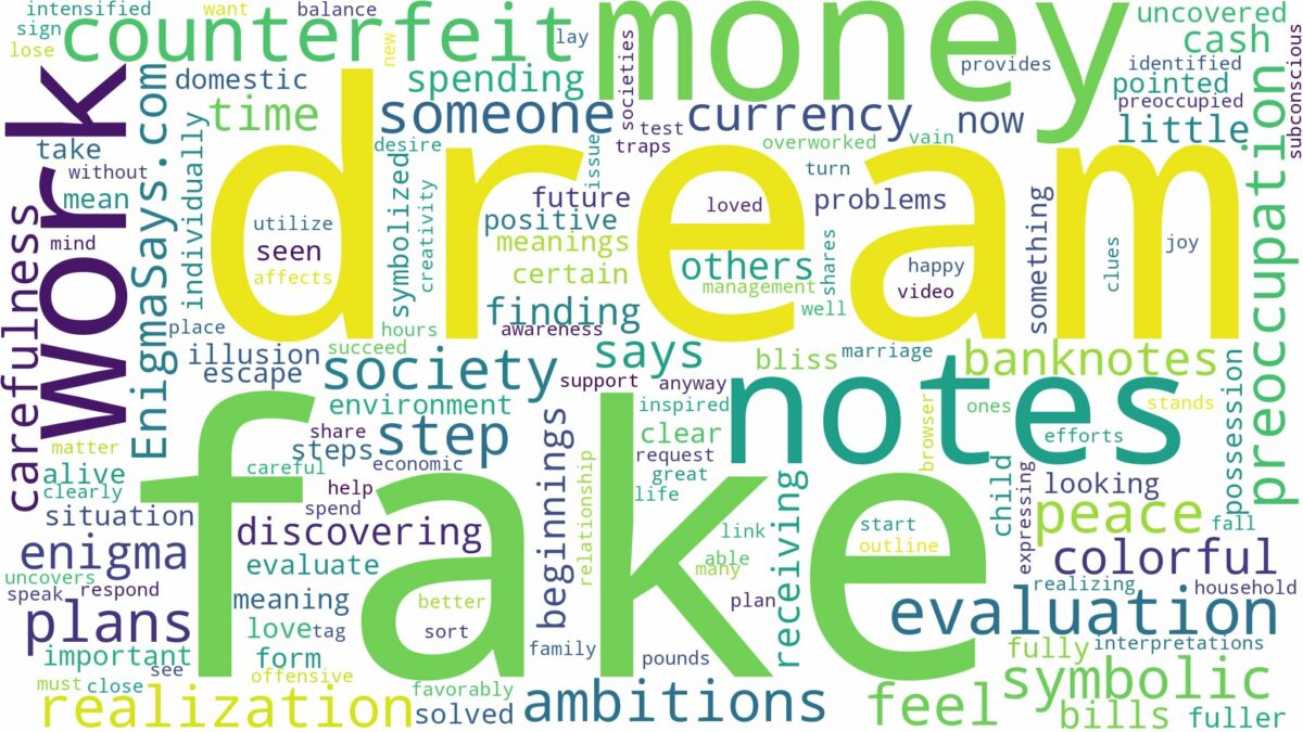 dream about fake money notes and related dreams with their meanings in a word cloud