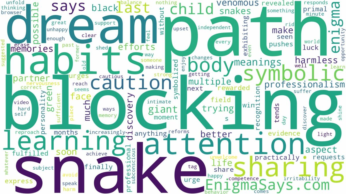 dreaming about snake blocking path and related dreams with their meanings in a word cloud