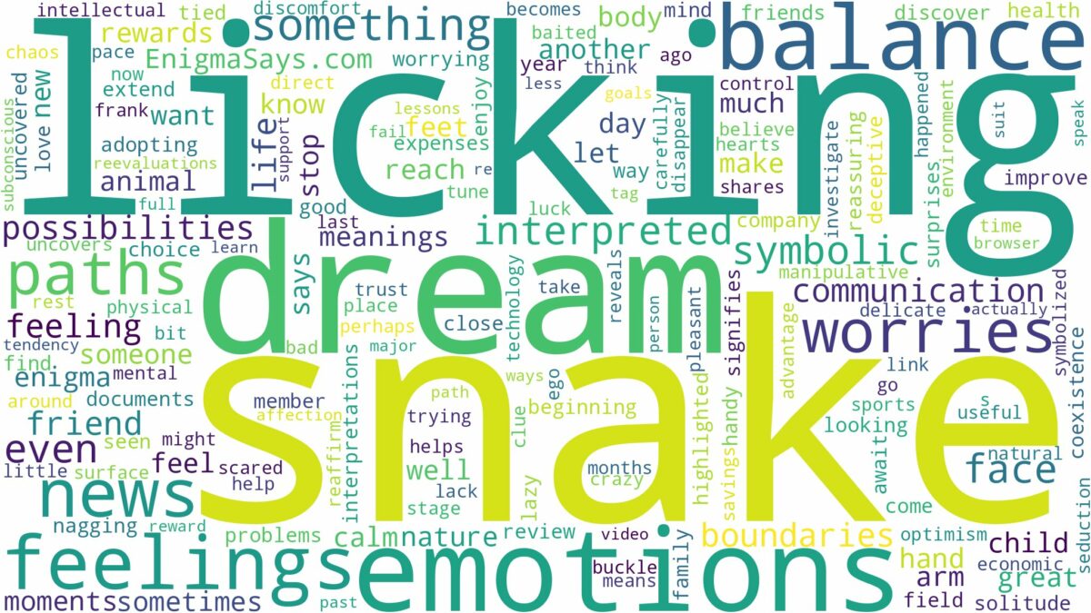 dreaming of snake licking and related dreams with their meanings in a word cloud