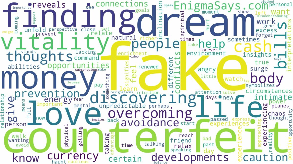 dreaming of finding fake money and related dreams with their meanings in a word cloud