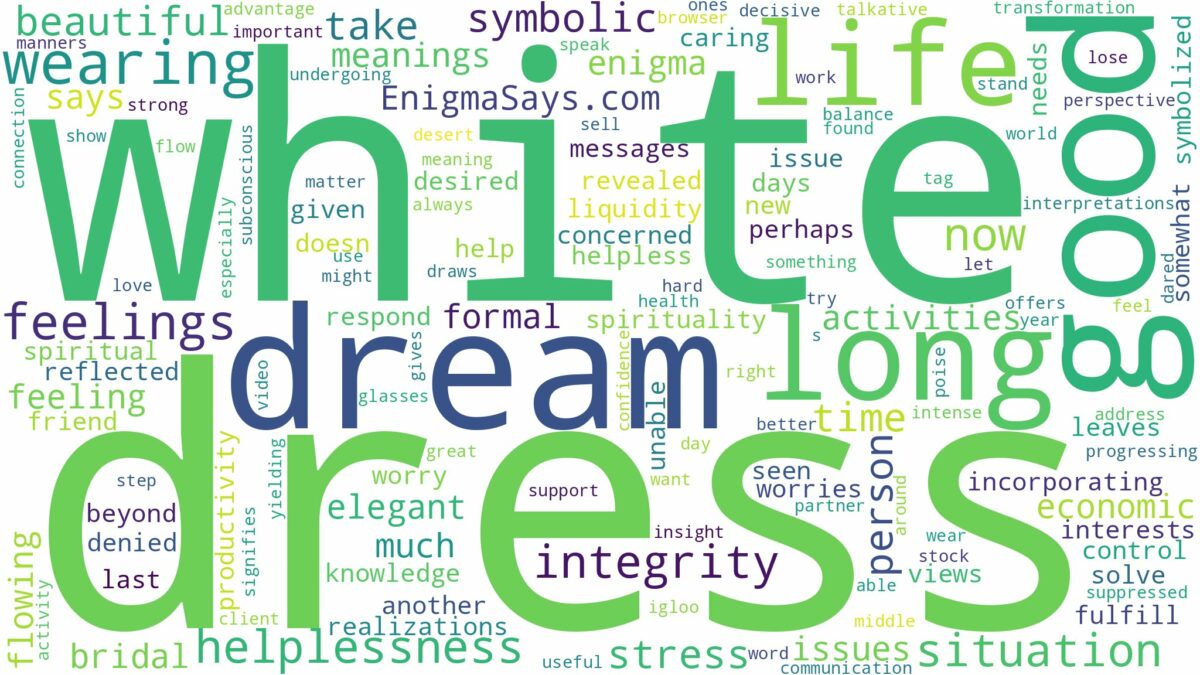 dreaming of wearing long white dress and related dreams with their meanings in a word cloud