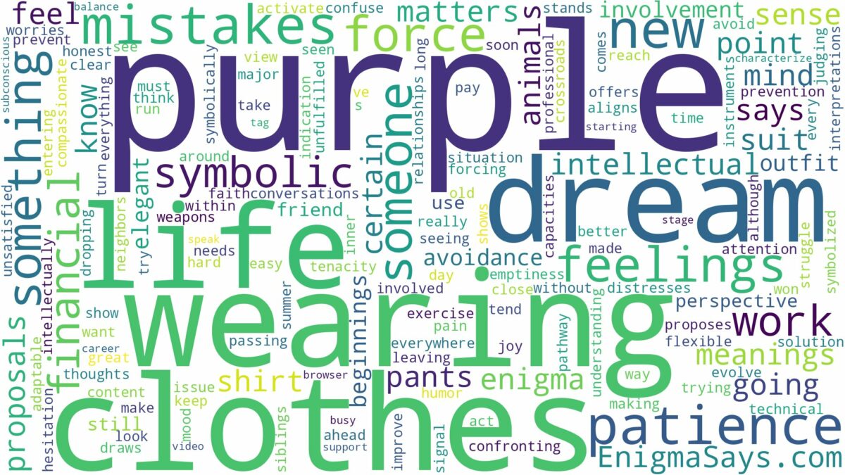 dreaming of wearing purple clothes and related dreams with their meanings in a word cloud