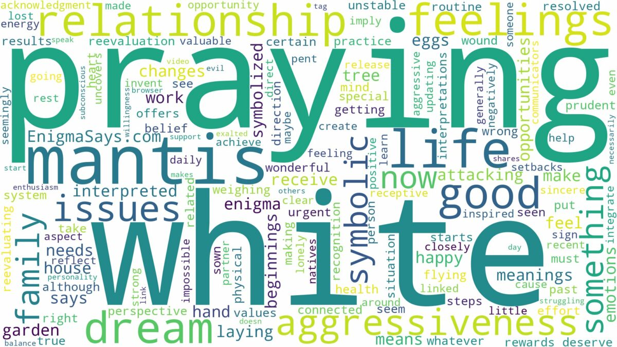 dreaming about white praying mantis and related dreams with their meanings in a word cloud