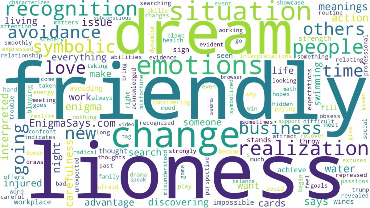 dream about a friendly lioness and related dreams with their meanings in a word cloud