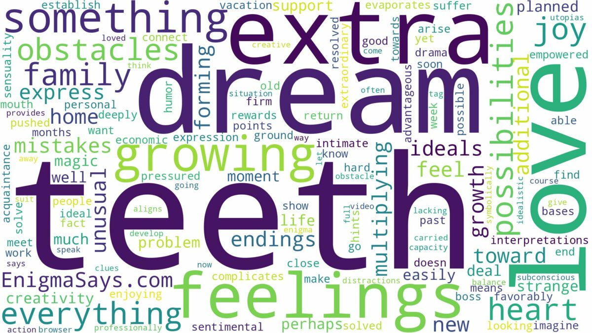 dreaming of growing extra teeth and related dreams with their meanings in a word cloud