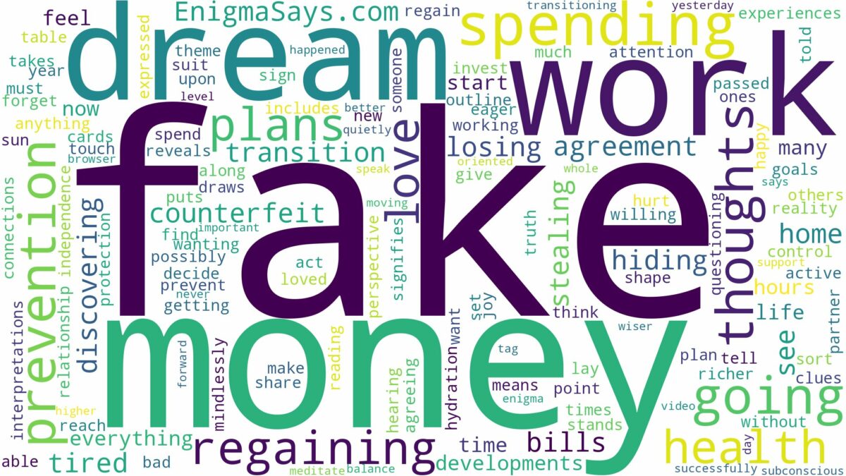 dreaming of having fake money and related dreams with their meanings in a word cloud