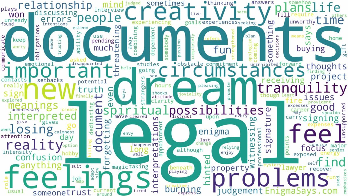 dream about legal documents and related dreams with their meanings in a word cloud