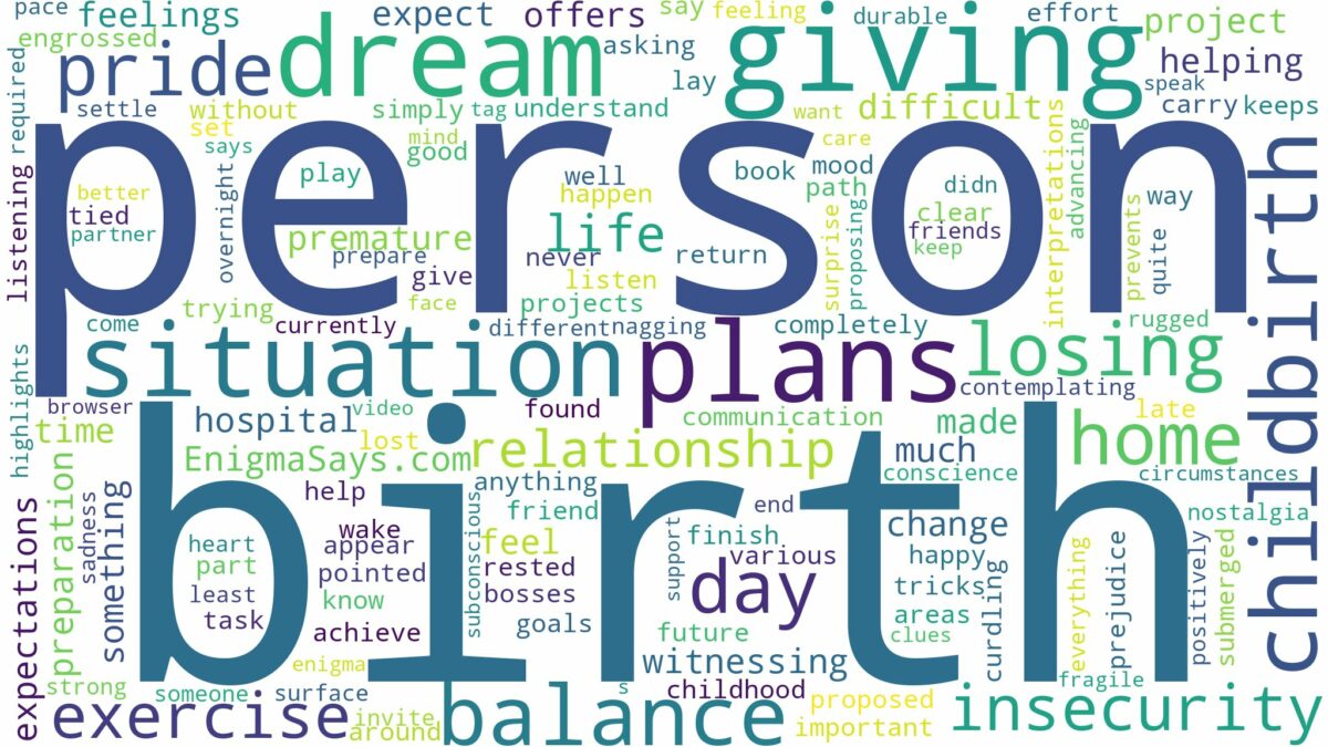 dreaming about a person giving birth and related dreams with their meanings in a word cloud