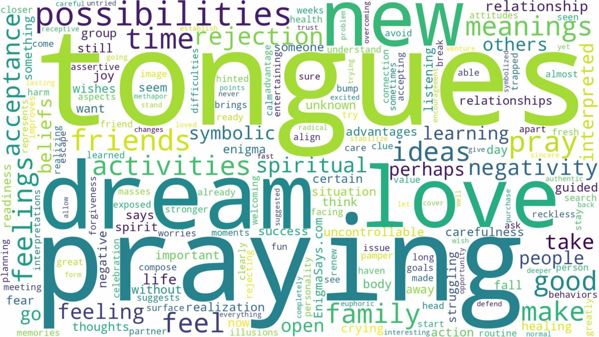 dream of praying in tongues and related dreams with their meanings in a word cloud