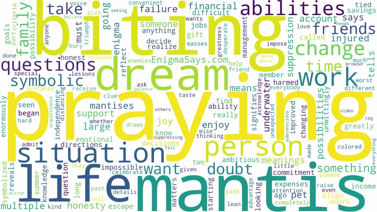 dreaming of praying mantis biting you and related dreams with their meanings in a word cloud