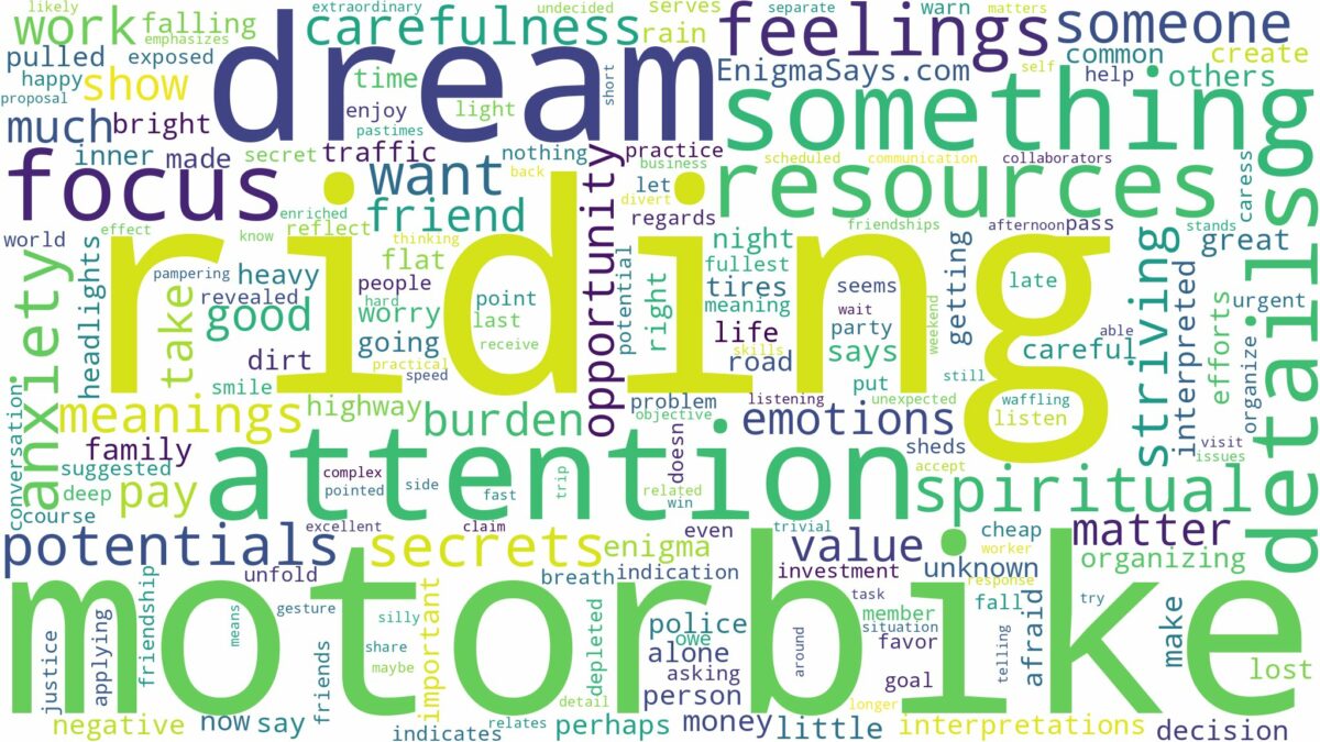 dream of riding a motorbike and related dreams with their meanings in a word cloud