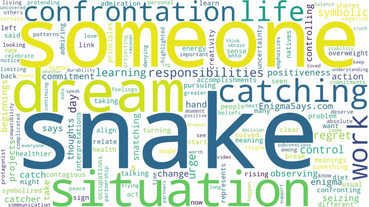 dreaming about someone catching a snake and related dreams with their meanings in a word cloud