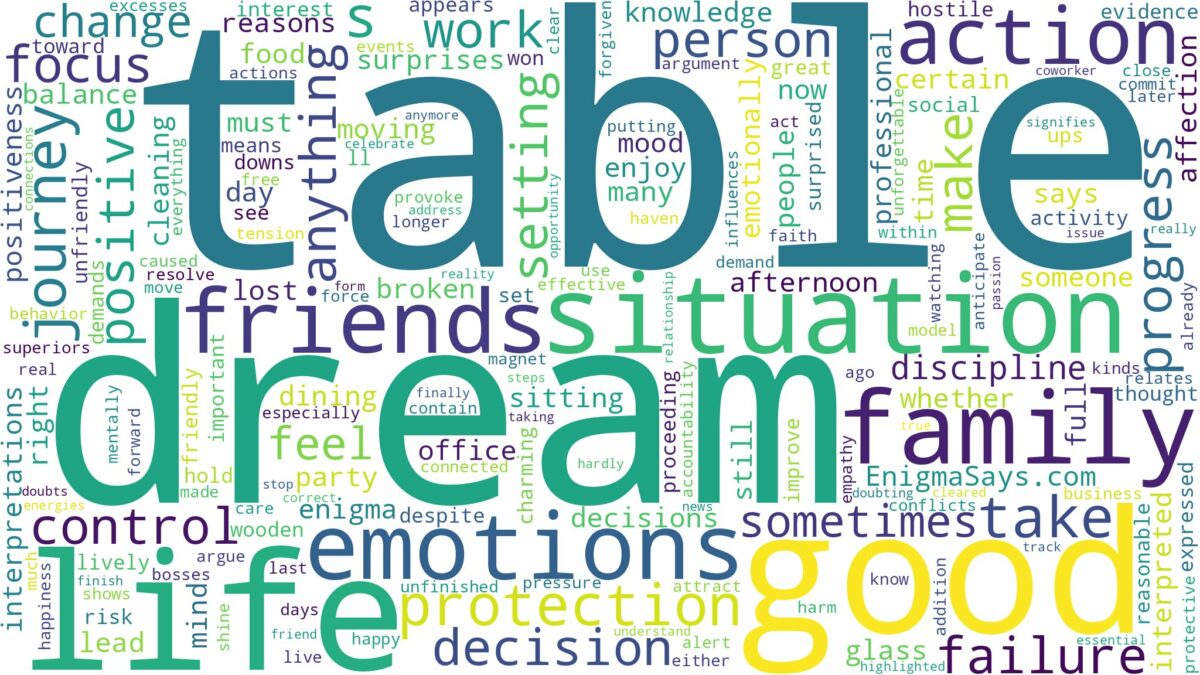 dream about table and related dreams with their meanings in a word cloud