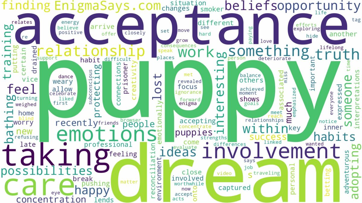 dreaming of taking care of a puppy and related dreams with their meanings in a word cloud