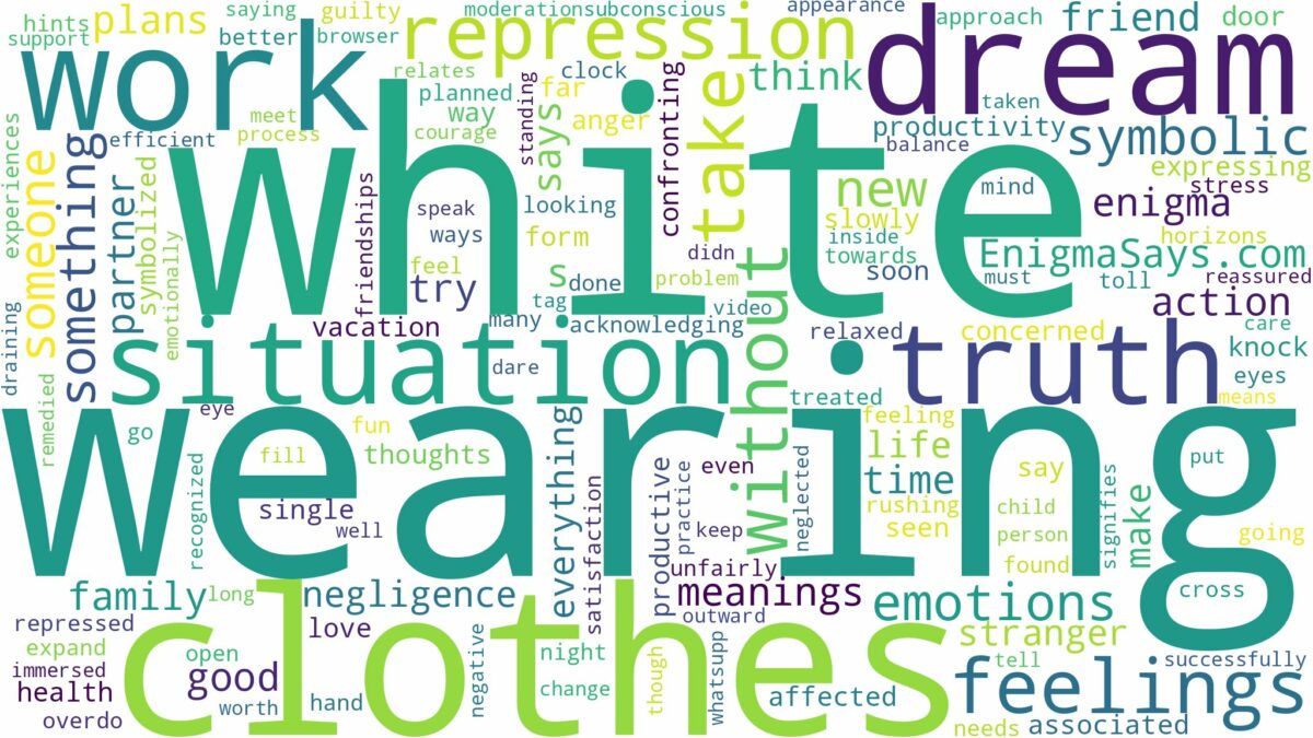 dreaming of wearing white clothes and related dreams with their meanings in a word cloud