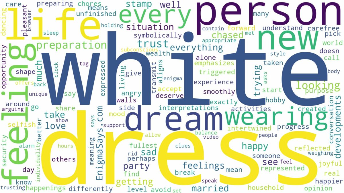 dreaming of wearing white dress and related dreams with their meanings in a word cloud